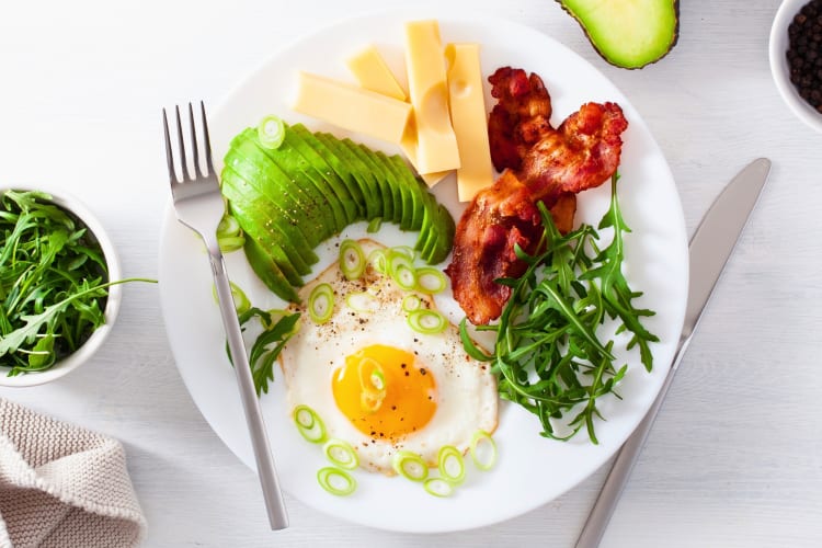A low-carb breakfast plate with eggs, bacon and avocado