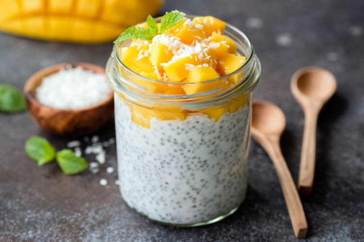 Chia pudding with mango and coconut