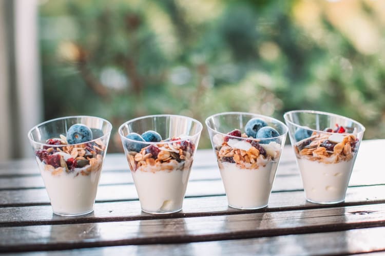 A line-up of breakfast yogurt parfaits.