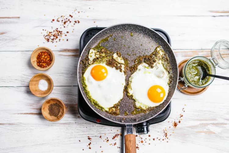Pesto eggs are a great low carb breakfast idea.