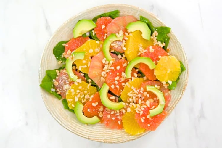 A citrus fruit and avocado salad