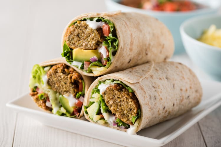Falafel wraps with salad and avocado