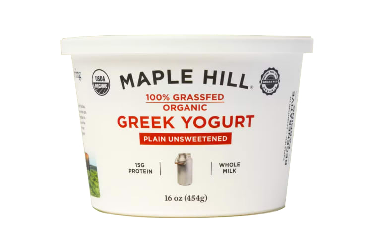 A yogurt container with a Maple Hill logo