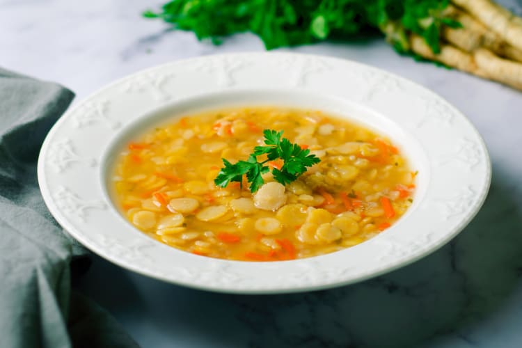 Vegan split pea soup is a cozy lunch food idea