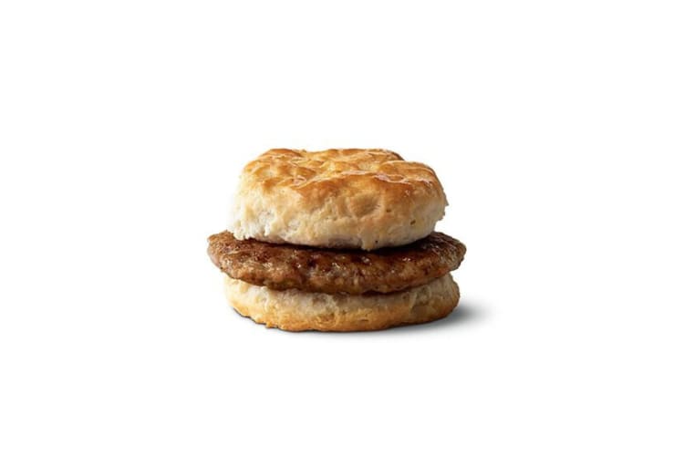 A sausage biscuit from the McDonald's breakfast menu.