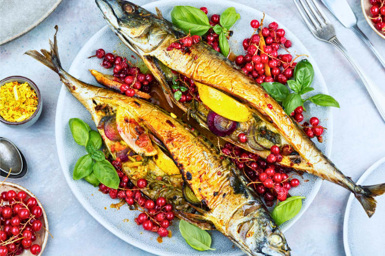 Mediterranean Diet with fish and pomegranate