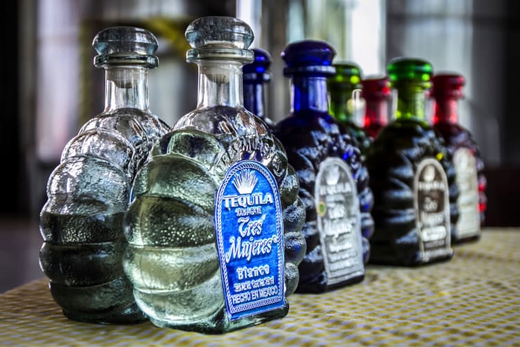 Bottles of tequila in a line on a table