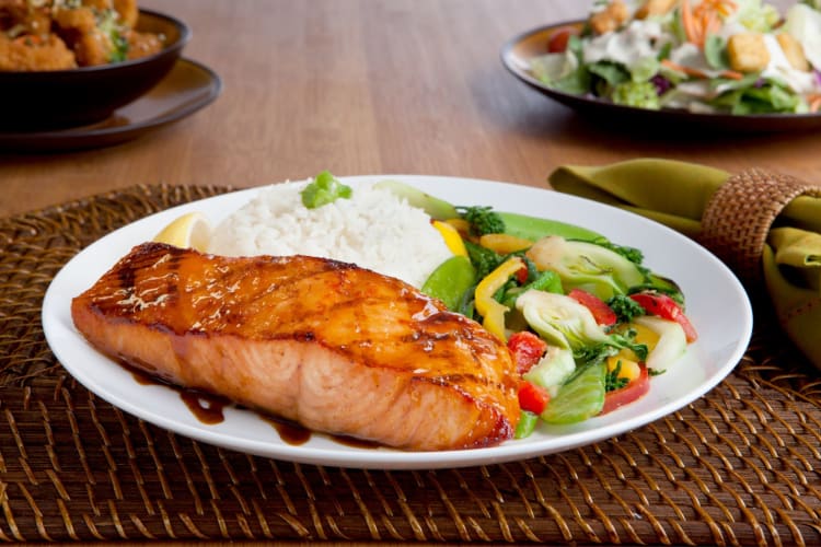 Miso salmon, rice and vegetables on a plate