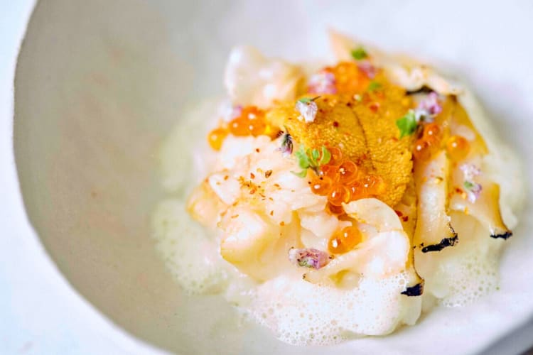 A seafood dish with urchin, caviar and foam