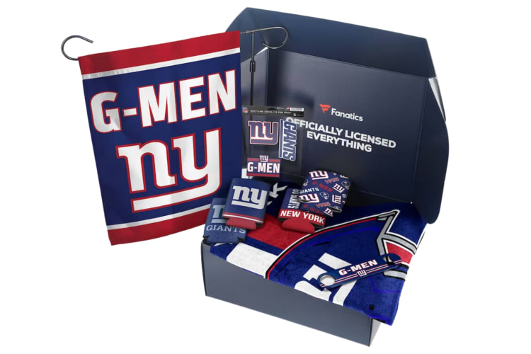 A blue box with New York Giants merchandise