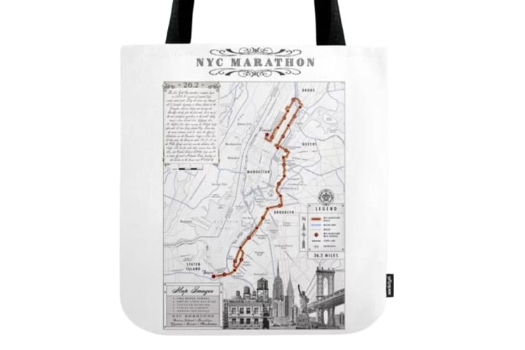 A tote bag with a New York Marathon graphic