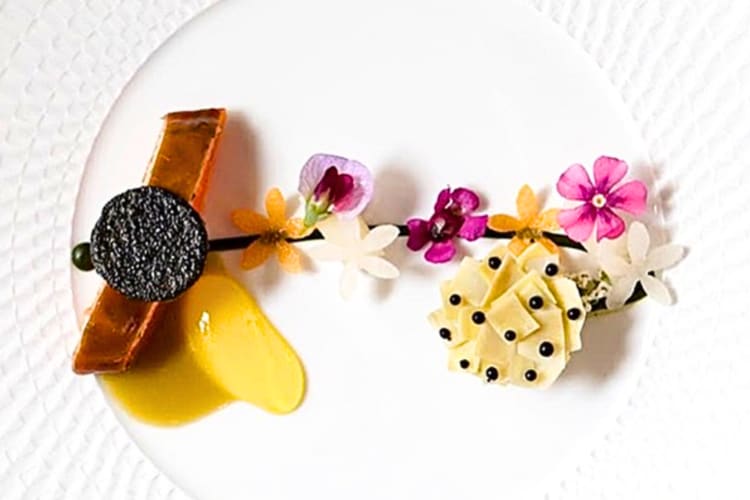 A colorful dish on a white plate with purple flowers