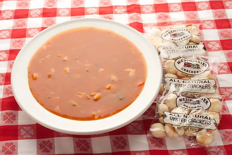 Manhattan clam chowder served with crackers from Grand Central Oyster Bar & Restaurant in NYC