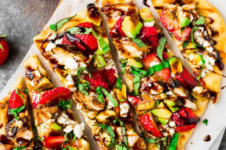 grilled naan pizza with strawberry, chicken and avocado is an impressive appetizer or light meal