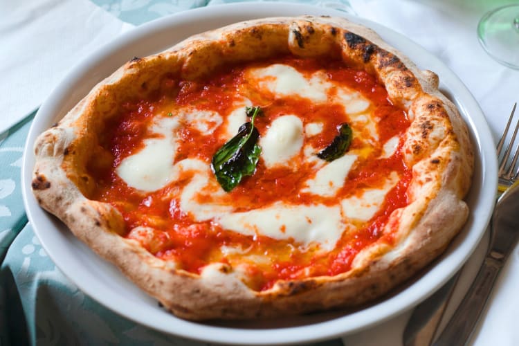 A pizza with tomato sauce, melted mozzarella cheese and basil