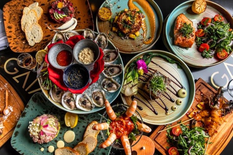 An aerial view of dishes on a table