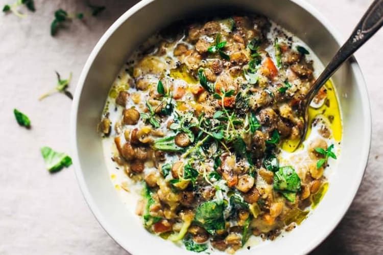 one pot creamy spinach lentils are a comforting meal with staple ingredients