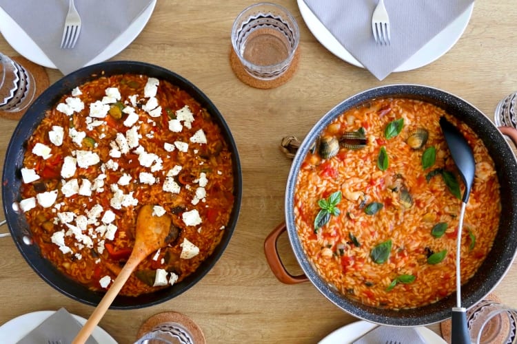 Two pans with orzo and tomato dishes