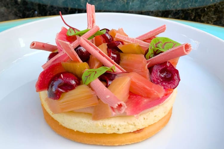 A rhubarb and ruby chocolate dessert