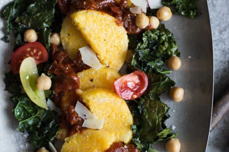 pan fried polenta with roasted kale & chickpeas is a versatile vegan appetizer recipe