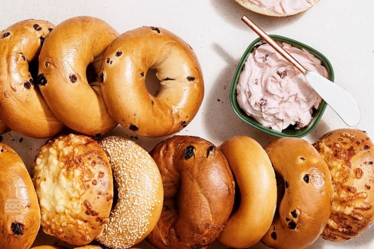 Aerial view of bagels and a spread, from Panera