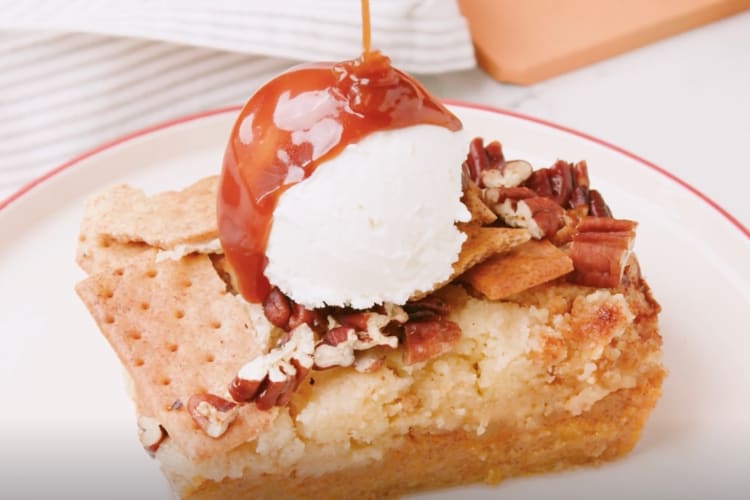 Pumpkin dump cake is an easy party food dessert
