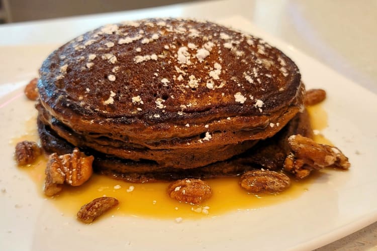 Pancakes with candied pecan halves and orange caramel sauce from Peacock Loop Diner