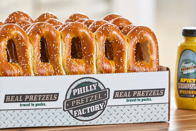 A box of pretzels with a Philly Pretzel Factory logo