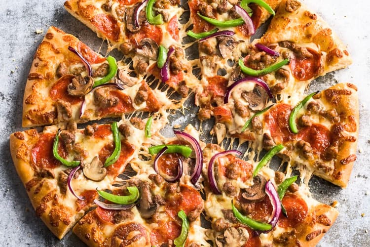 Aerial view of a pizza from Pizza Hut