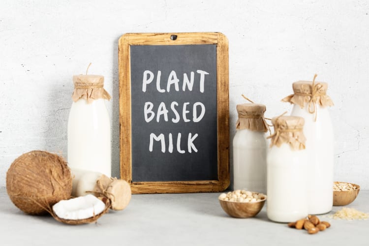 Jars of milk, a coconut, nuts and a blackboard sign that says plant based milk