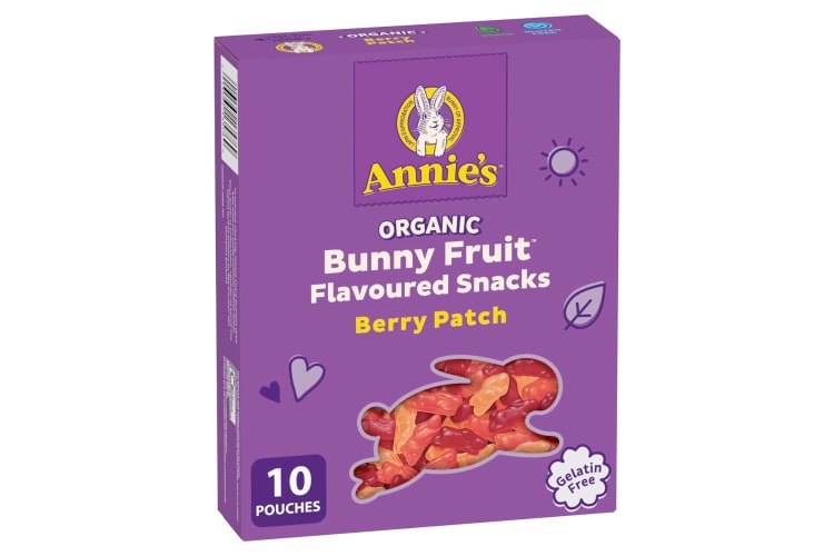 A purple box of Annie's Organic Fruit Snacks
