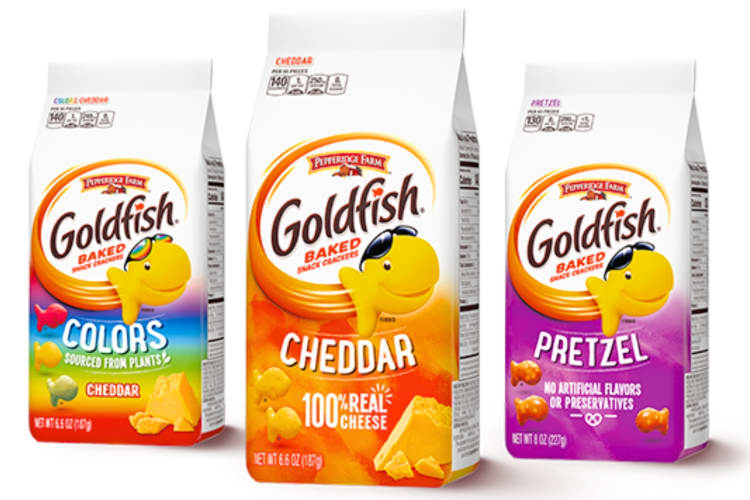 Three bags of Goldfish crackers in different flavors