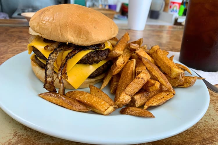 Cheeseburger and fries from Portia's Café, a diner in Kansas City