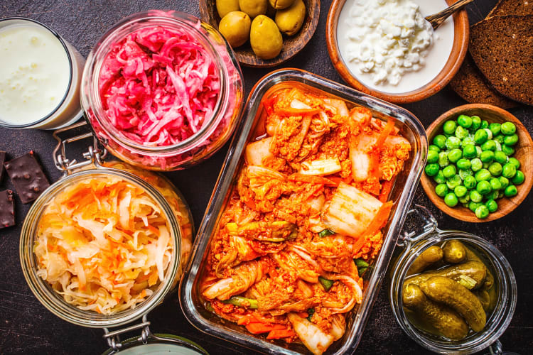 Aerial view of a variety of fermented foods
