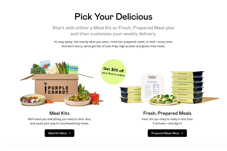 A meal kit website showing meal delivery options