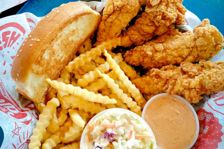 Chicken tenders, crinkle cut fries, Texas toast and sauce