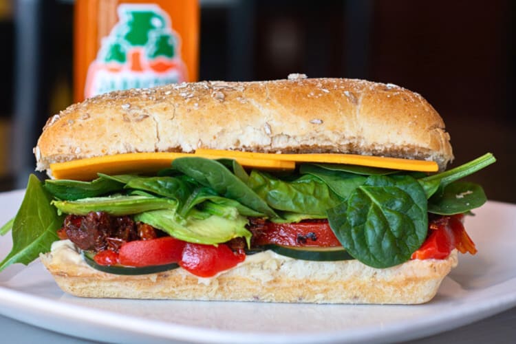 Vegan sub sandwich with an assortment of vegetables and cheese from Red Moose Café in Salt Lake City