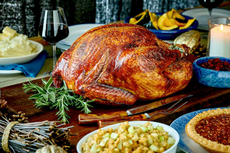 A turkey and Thanksgiving side dishes