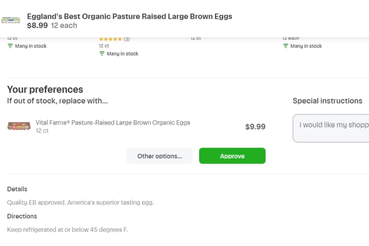 Instacart screenshot of substitution preferences