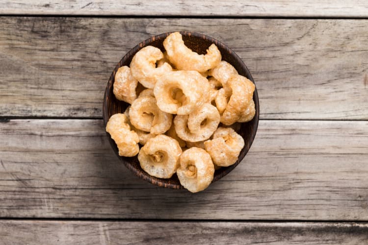 Aerial view of a bowl of chicharons, a tasty Filipino food