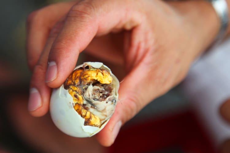 A hand holding balut, a potentially challenging Filipino food