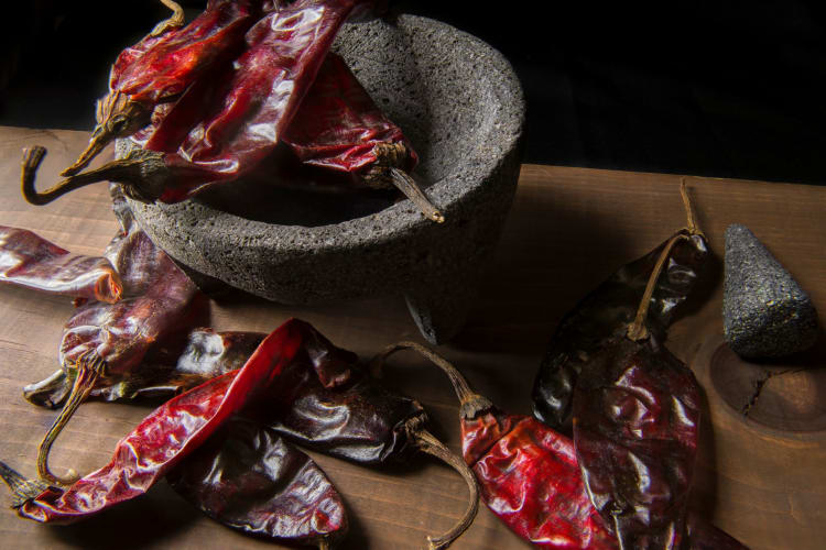 guajillo chiles on a molcajete