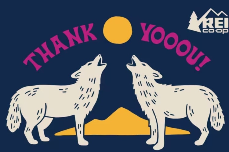 REI gift card depicting two wolves howling and text Thank You!