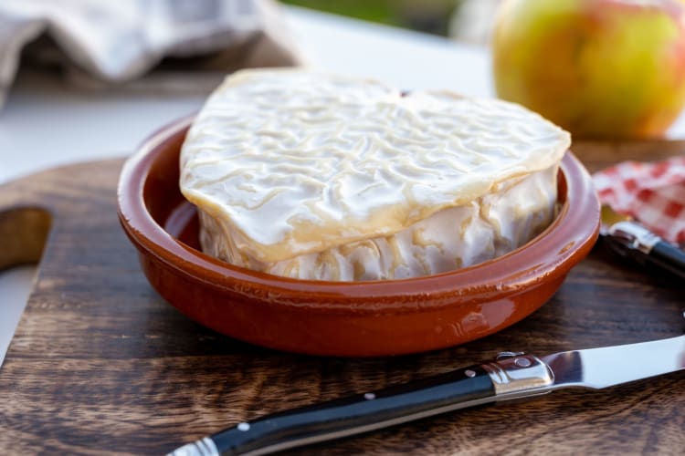 Neufchatel cheese in a red ceramic dish