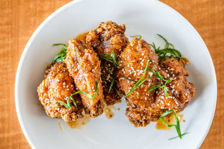Aerial view of fried chicken from Gatlin's Fins and Feathers, a restaurant in Houston.