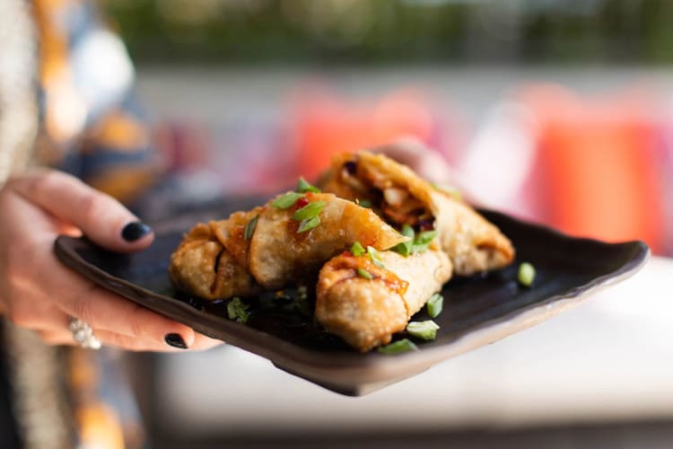 pork wontons served on a black plate