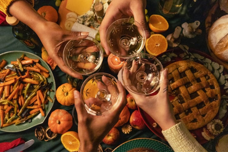 people toasting with wine over a Thanksgiving meal