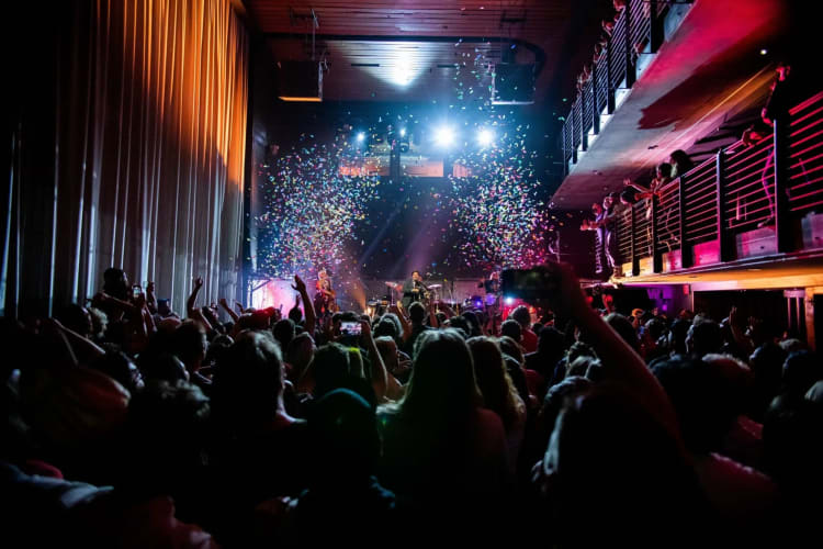 crowd cheering a live performance in a dark venue with confetti in the air