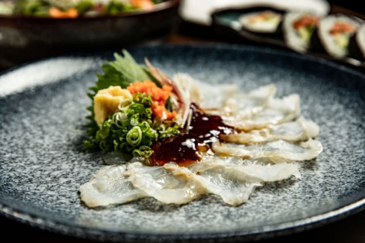 a beautifully arranged plate of thin-slice sashimi