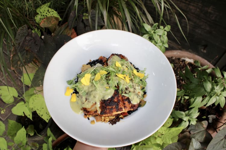 Blackened Striped Bass, made with black rice and vegetables